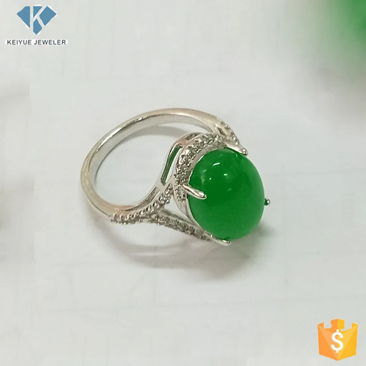 Rhodium Plating Brass Green Jade Stone Jewelry Ring,Rhodium Plated