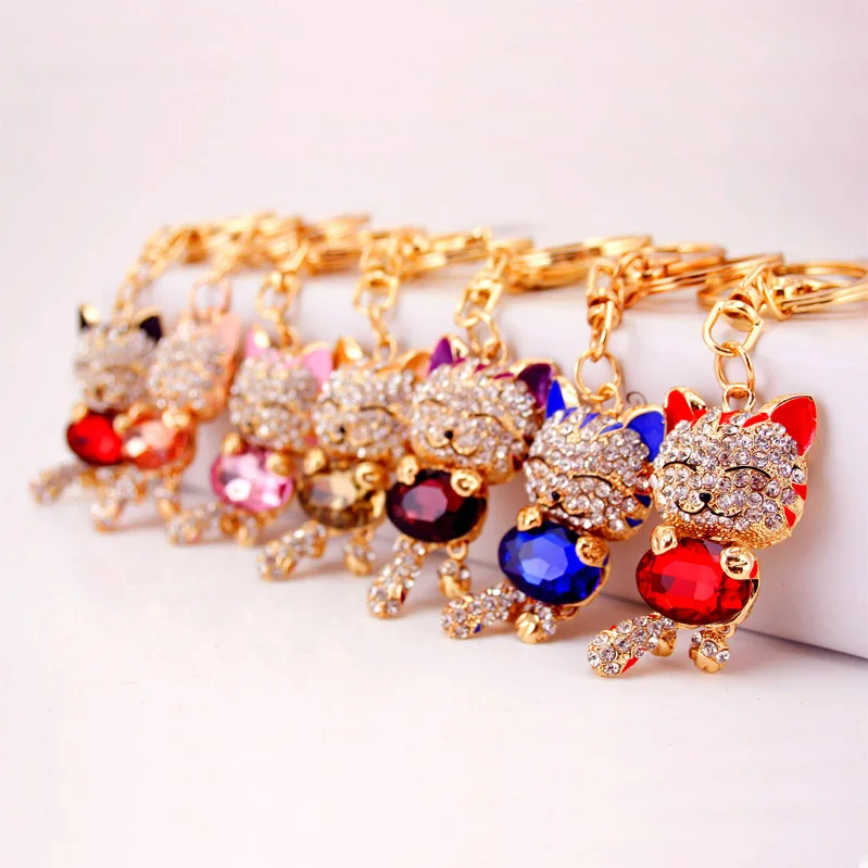 YWbeyond Crystal Rhinestone Fortune Cat Keychain Car keyrings Handbag Pendant Car Keychain Woman Jewelry Bridal Shower Gifts