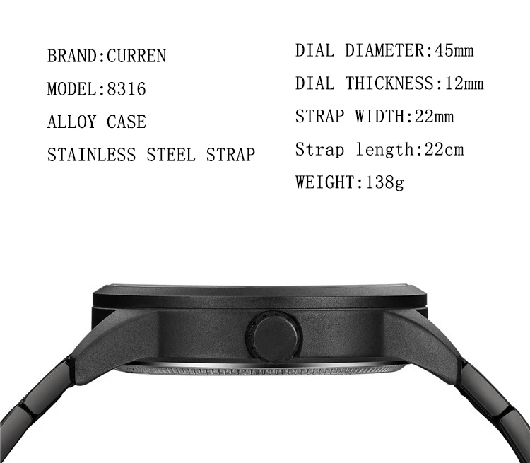 CURREN 8316 new men's fashion brand steel belt week calendar life waterproof sports quartz watch stainless steel men's watch