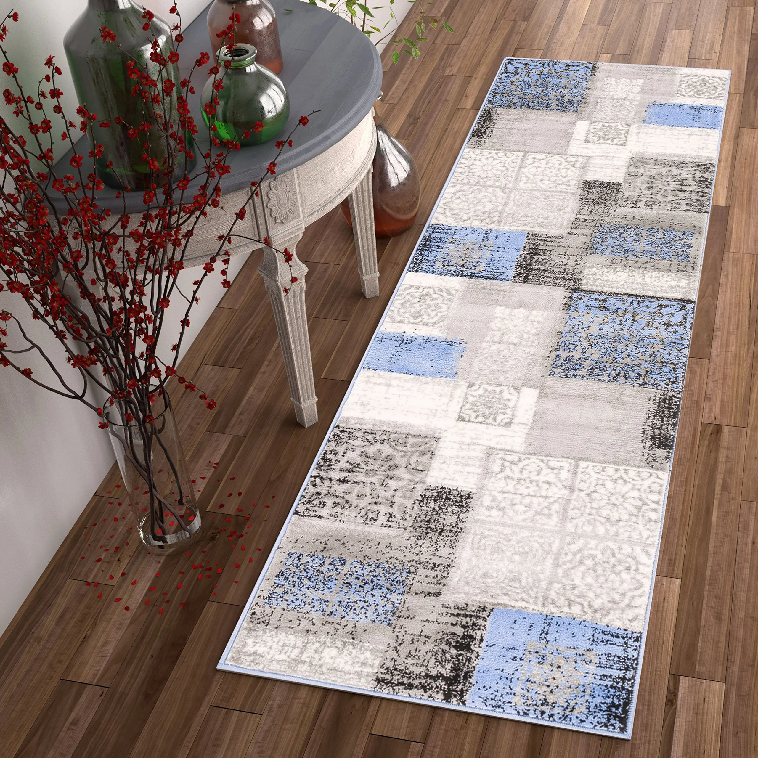 Soft Non Shed Thick Plain Easy Clean Gy Area Rugs Ontario Petunia Patchwork Blue Modern Fl 2 X 7 3
