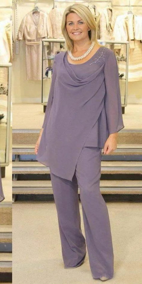 Plus Size Mother Of The Bride Pant Suits Long Sleeve Chiffon