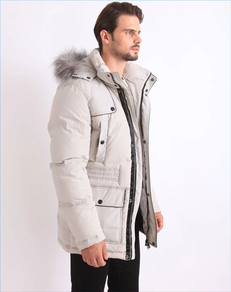 Winter Feather Down Filled Coat White Parka Fur Hooded For Men ...