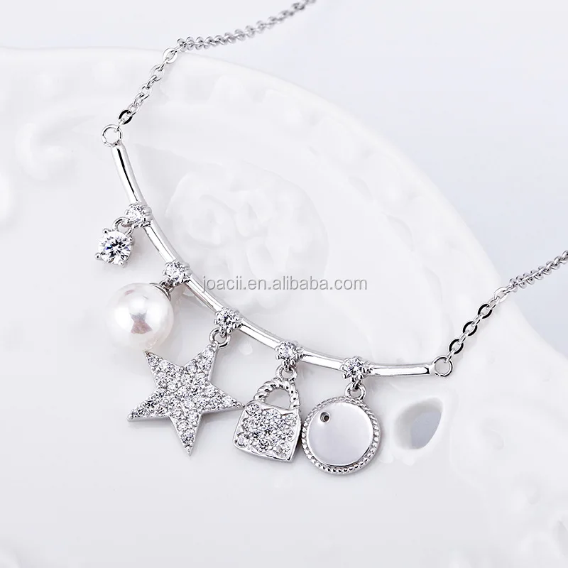 Joacii Stylish Star And Locks Design Pearl Silver Jewelry Necklace With Joyeria