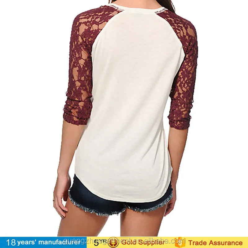 Oem Custom Logo Blank Baseball Shirts Ladies 3 4 Lace Sleeve Raglan T