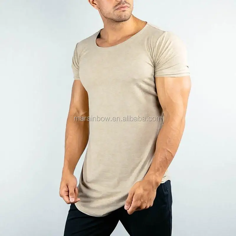 Hot Sale Scoop Neck Tee Shirt In Tan Short Sleeve Longline Curved Hem T Shirt Oem Gym Clothing