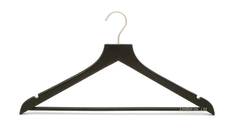 Garment Usage Collection Flat Top Non Slip Black Wood Suit Hanger with Pants Bar and Notches.JPG