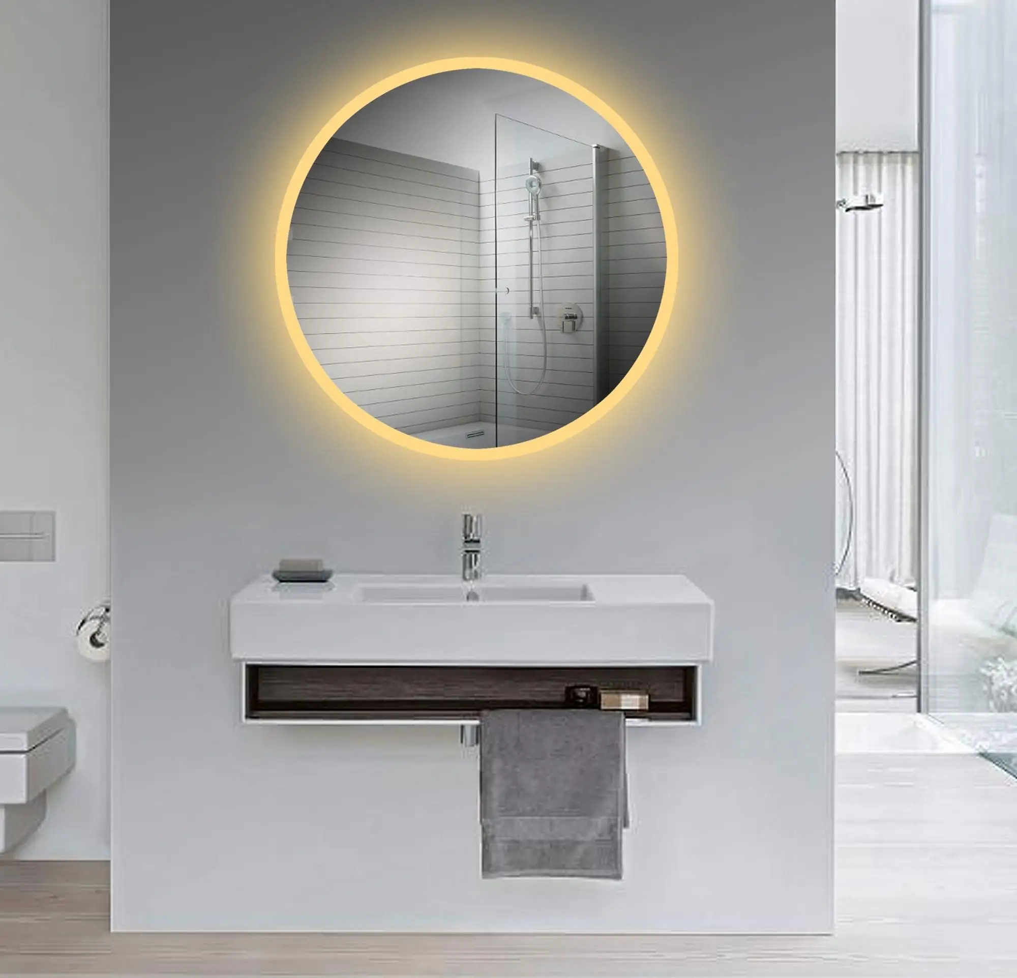 Contemporary Warm Lighting Led Round Mirror For Hotel Bathroom ...