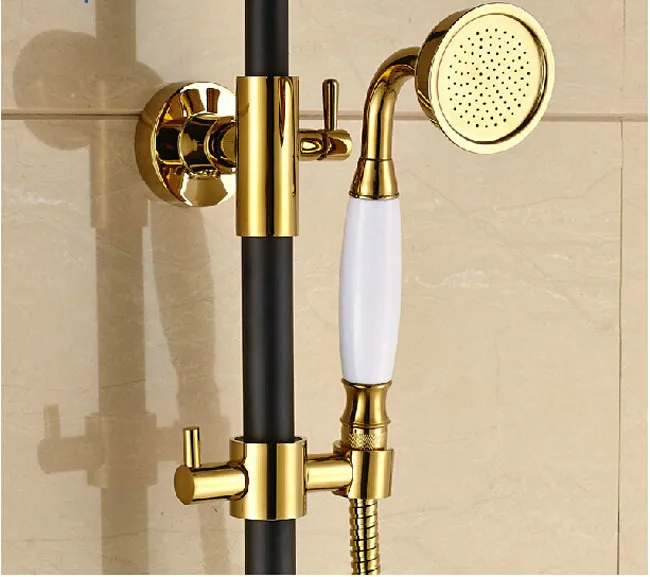 Creative Black & Golden Brass Rainfall Bathroom Shower Tub Faucet Set