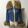 Wholesale Real raccoon fur collar jacket/ Custom Denim Jacket Big Fur Collar Women Denim Jacket
