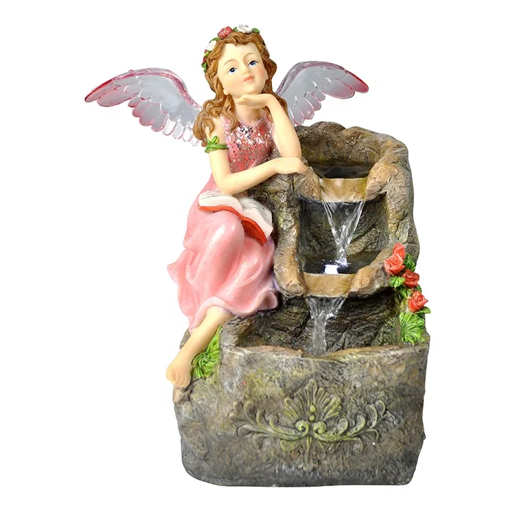 Resin Angel Waterfall Led Stone Solar Garden Boy Girl Water Fountain ...