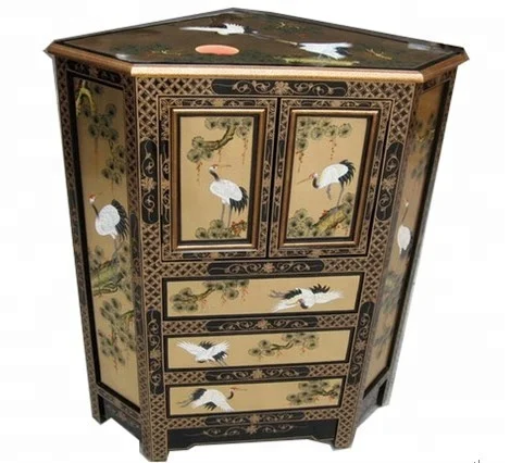 Gold Crane Pine Lacquer Oriental Art Furniture Home Corner Cabinet