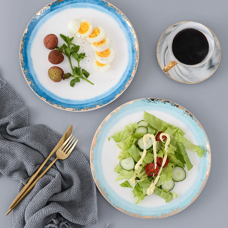 Blue color chinese ink painted cheap personalized 8 inch dinner  luxury plate