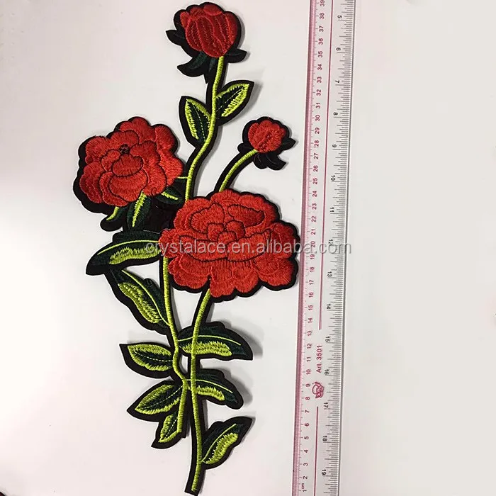 Red rose iron-on embroidery patch, iron-on fabric applique