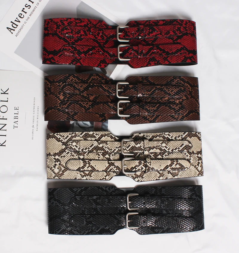 High Quality Female Fashion 2018 PU Leather Snake Belt White Red Brown Black Ladies Wide Buckles Belts For Women Dresses