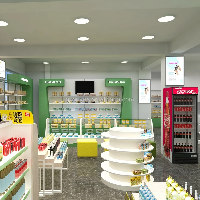 Fashion Wooden Pharmacy Rack Display Design For Medical Store