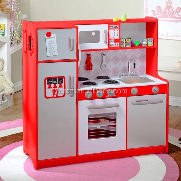 Large Red Wooden Kitchen Toy With Abs Plastic Accessories,Easy Assembly