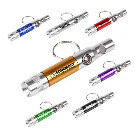 Aluminum keychain with whistle compass and light