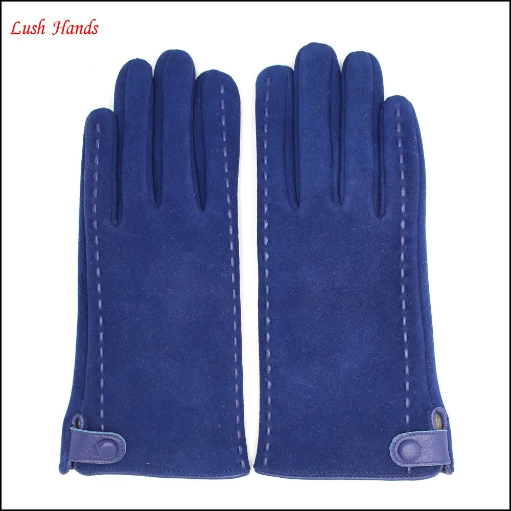Women's blue pigsuede leather gloves to make fashion and warm