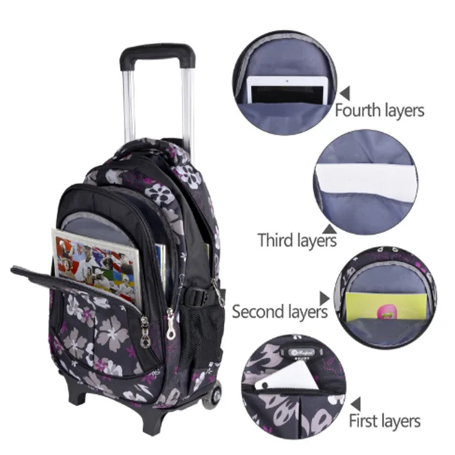 Osgoodway New Products Waterproof Trolley Child Girl's Backpack School Bags with Wheeled Trolley Rolling