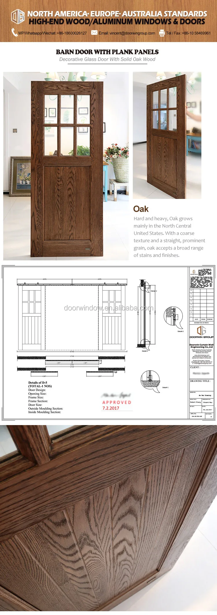 Modern oak wooden double door designs with 4 glass panels office wood door with glass