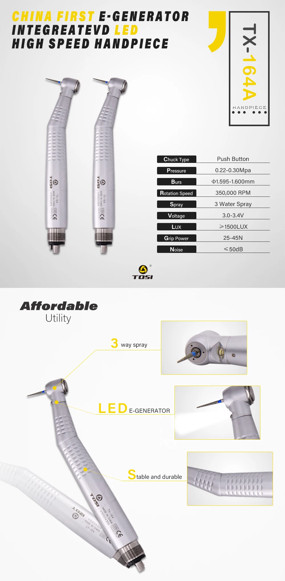 TOSI E-generator LED Handpiece 3 Water Spray Push Botton 164 seriers Dental High Speed Handpiece 2/4 Holes