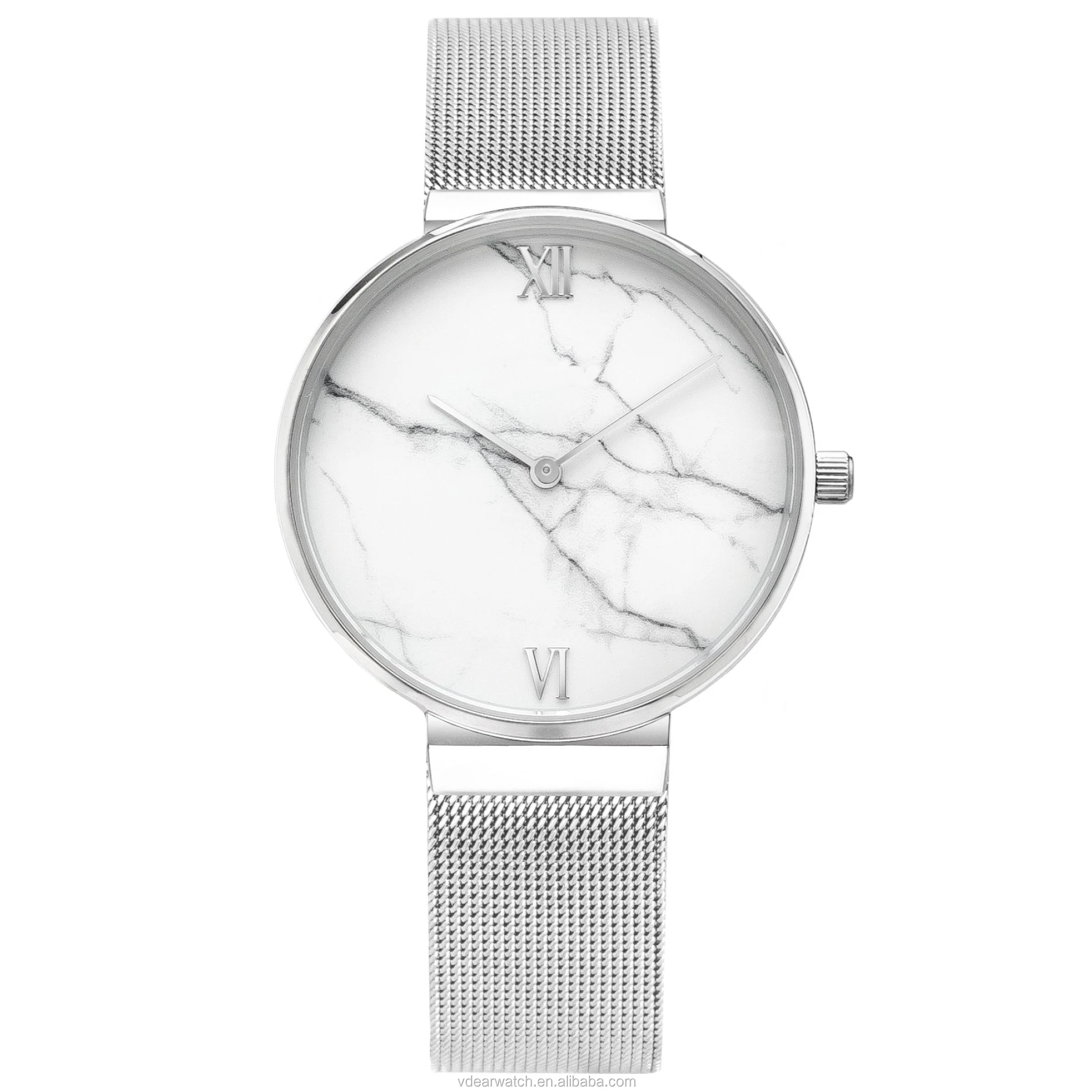 White marble dial unique mesh strap your own logo blank stainless steel watch for women