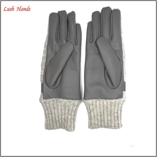 Ladies warm leather gloves with knit cuff and sewings women bowknot gloves