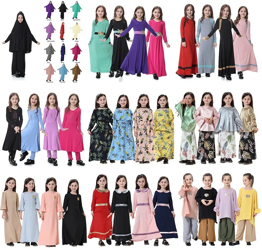 Th608 New Muslim Girl Dress Children Abaya Printed Beach Dresses Long