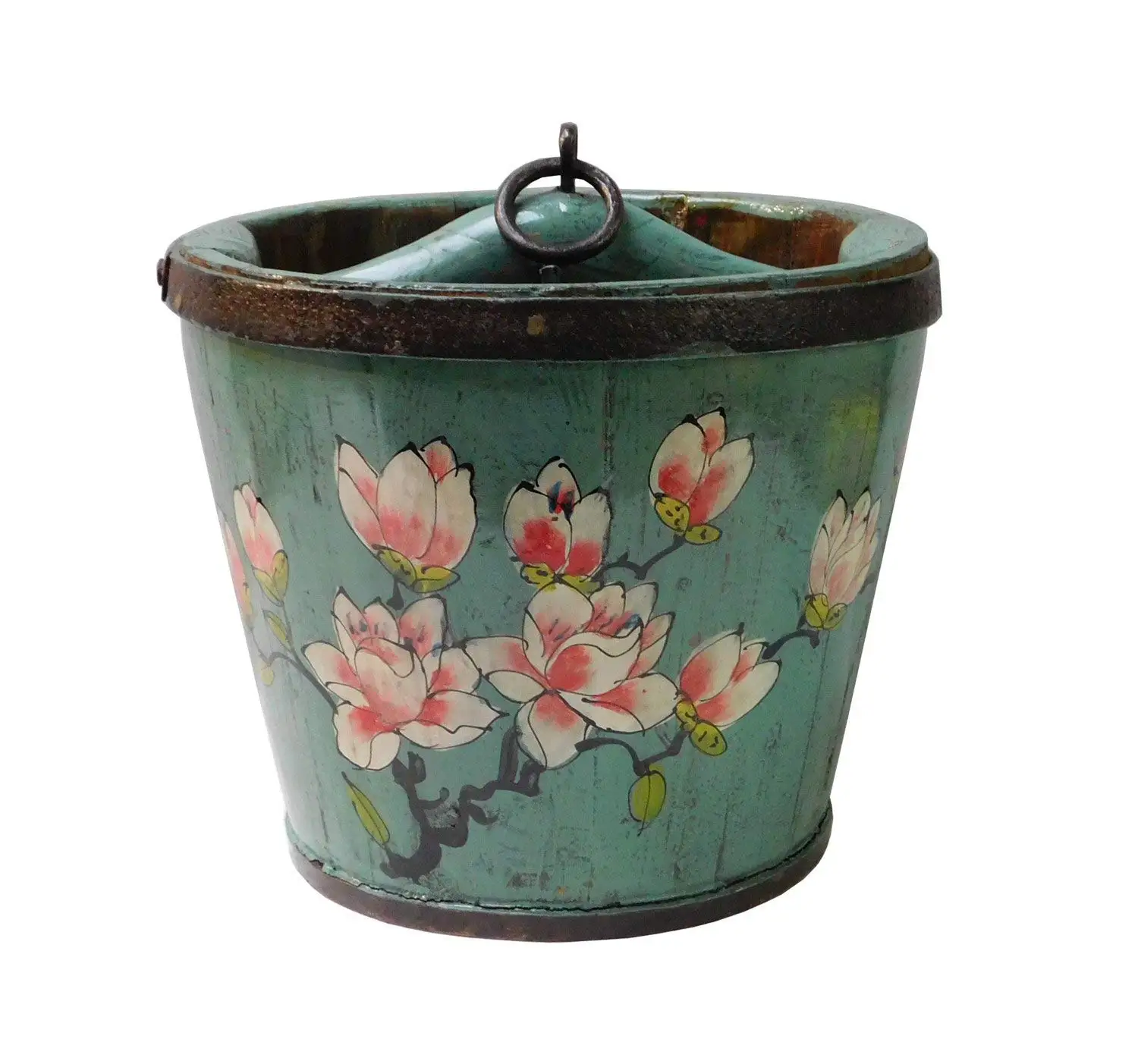 Round Shape Navy Blue Color Chinese Flowers Painted Wood Bucket an150