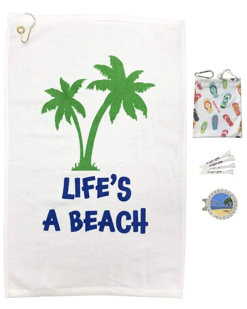 Giggle Golf Par 3 - Life's A Beach Towel, Flip Flops Tee Bag and A Bling Beach Scene Ball Marker with Hat Clip - Perfect Golf Gift for Women
