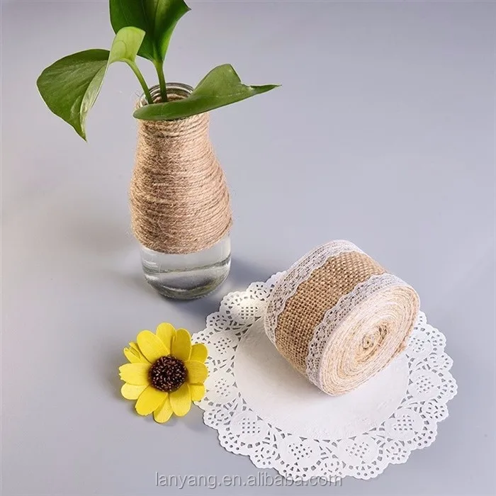 10m Natural Jute Burlap Hessian Lace Ribbon Roll With White Laces