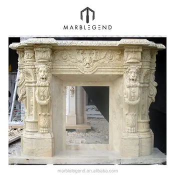 Indoor Used Fireplace Mantel Decor Beige Travertine Lion Head