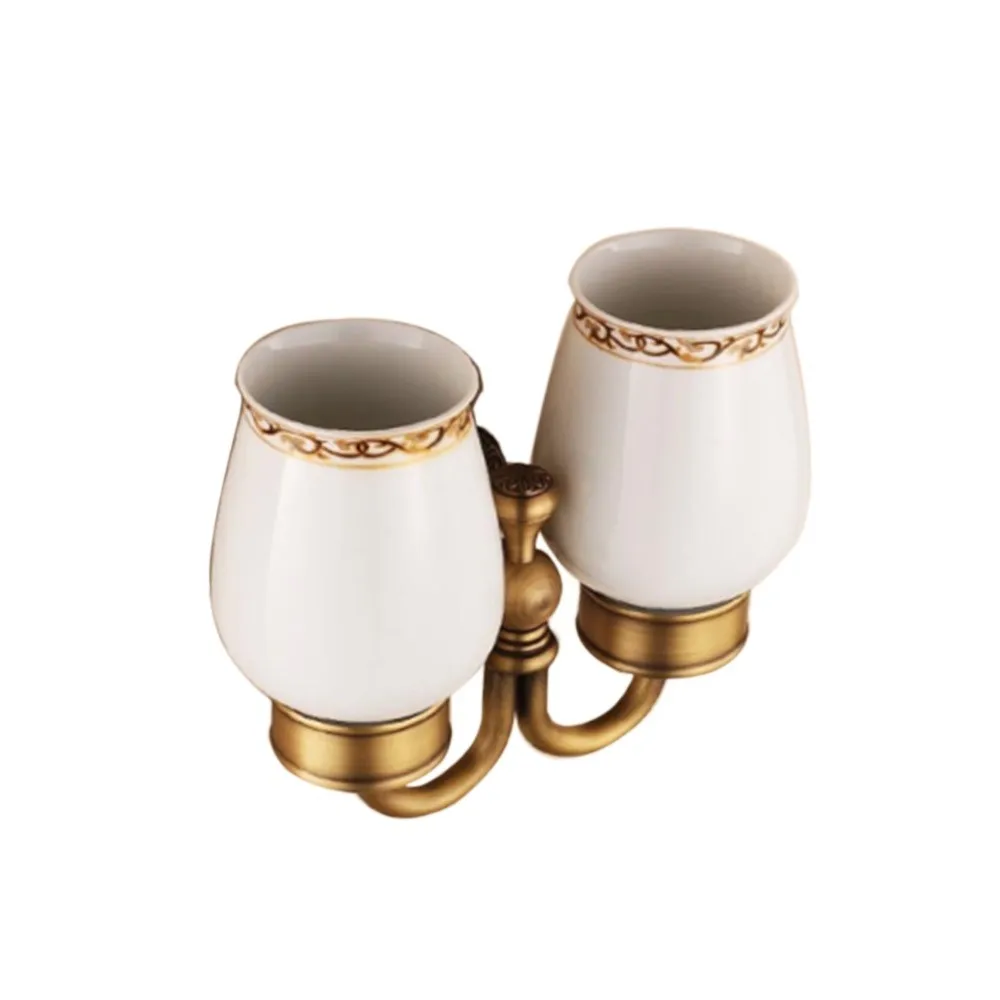Bathroom Brass Toothbrush Holder Ceramic Double Cup Tumbler Wall Mounted
