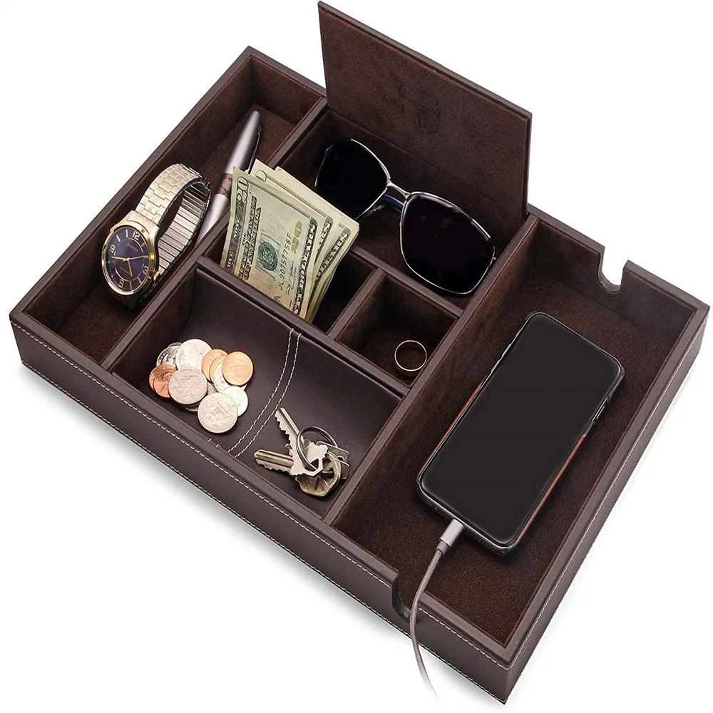 Creative Valet Tray Men Jewelry Keys Watch Organizer On Table Valet Box Pu Leather Storage