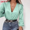 OOTN Fall Winter Silk Tunic Blouses Button Female Lantern Long Sleeve Casual Women Blouse Shirt Sexy Deep V Neck Green Satin Top