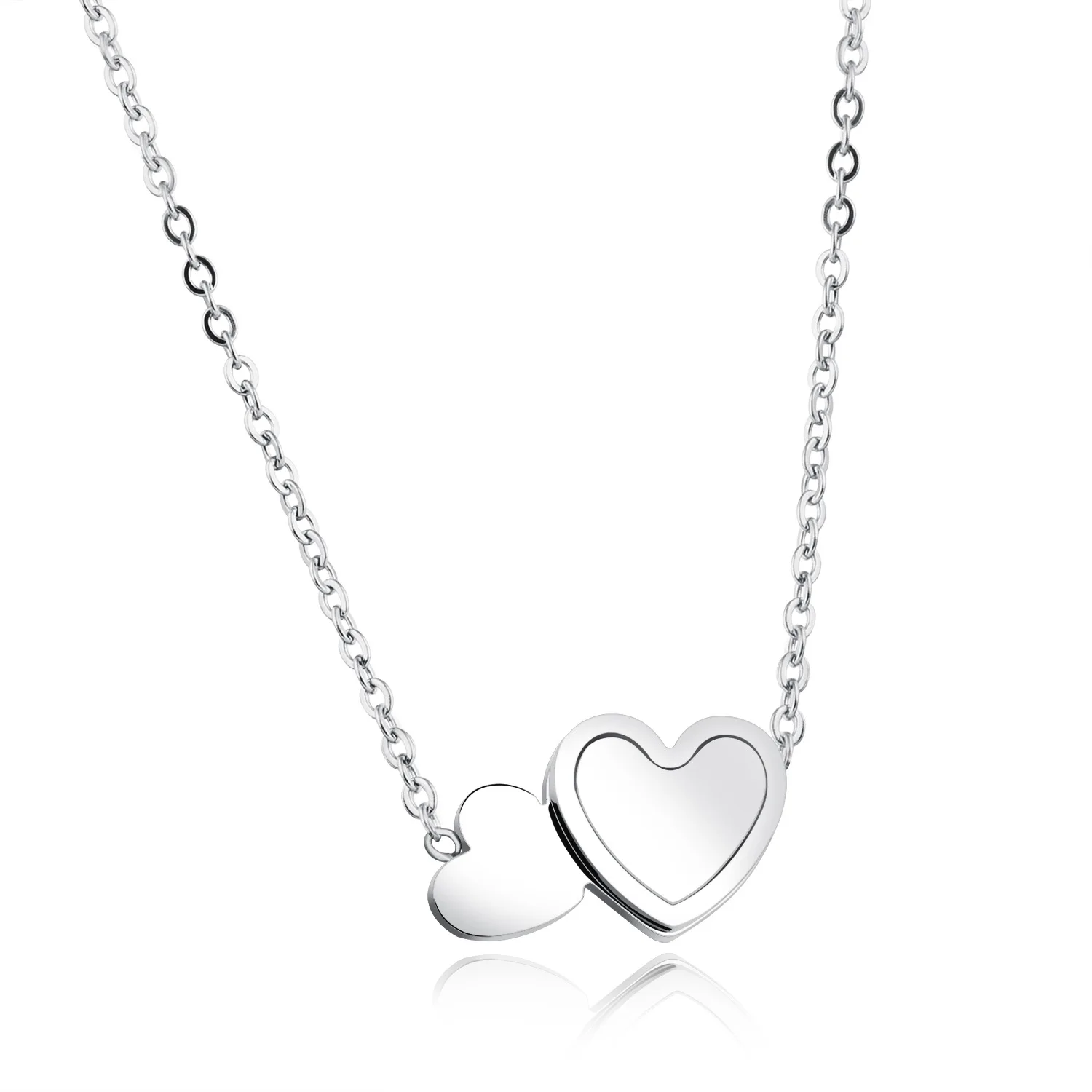 Stainless Steel Women Double Heart necklace with Chain Silver or Rose Gold Plated