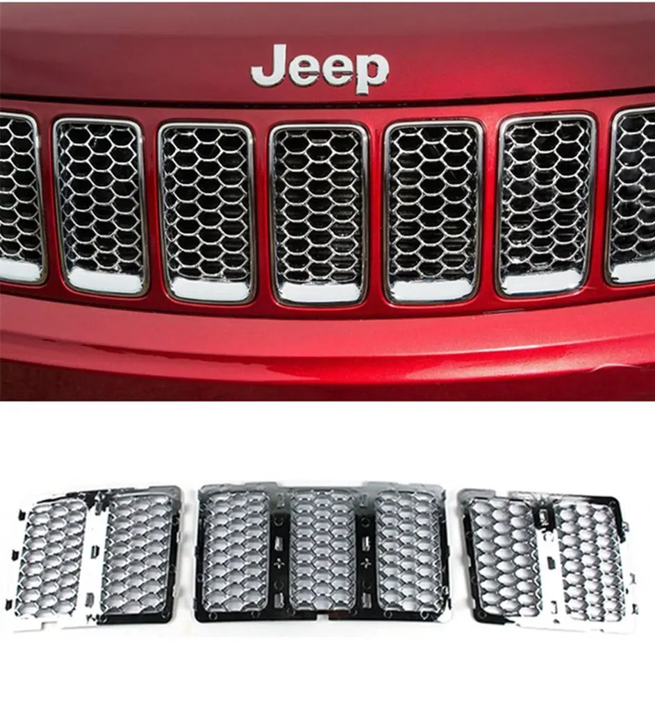 SILVER Opall Honeycomb Matte Mesh Front Grill Grille Inserts Cover Kit For 2014-2016 Jeep Grand Cherokee 7PC