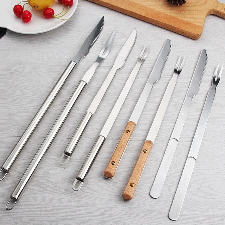 Bbq Knife Fork 2 Pieces Stainless Steel Bbq Long Handle Knife Fork Camping Barbecue Steak