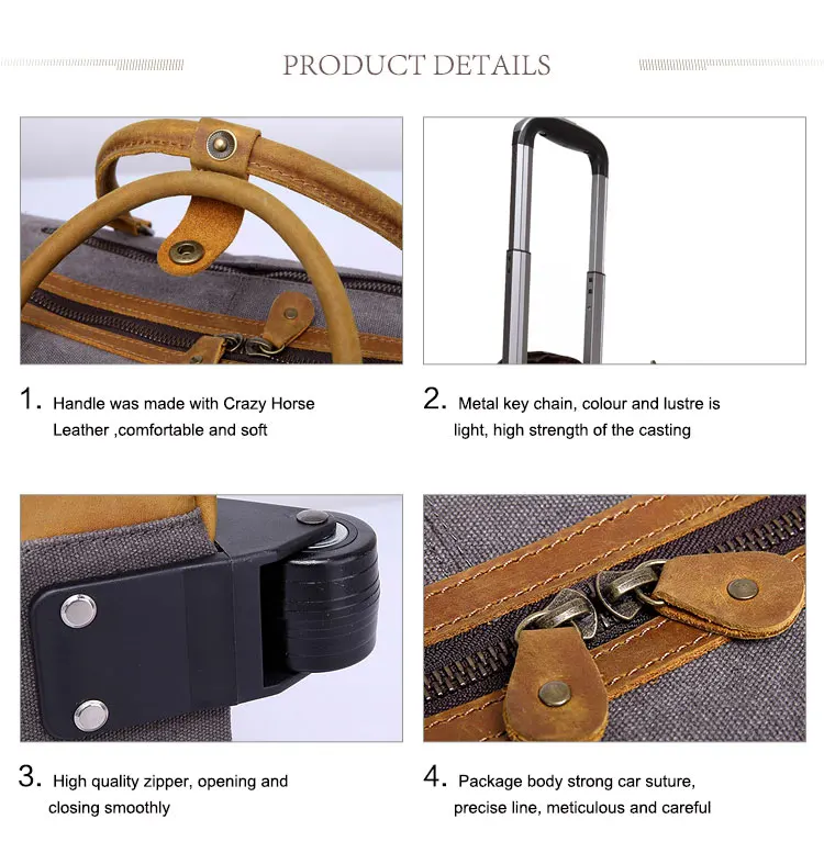 Vintage high quality waterproof waxed canvas american multipurpose travel trolley luggage duffle duffel bag with wheels