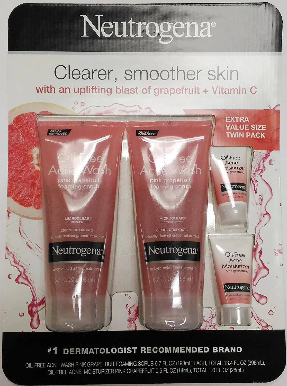 Neutrogena Oil-Free Acne Wash Pink Grapefruit Foaming Scrub 2pk, Plus 2 Sample-Size Oil-Free Acne Moisturizers
