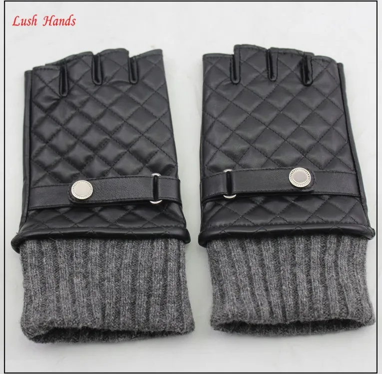 2016 spring ladies fingerless leather hand gloves with knittning ending