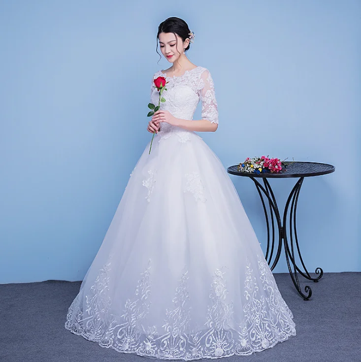 ZH2350G Charming Half Long Sleeves Lace Ball Gown Wedding Dresses Crew Neckline Bridal Gown