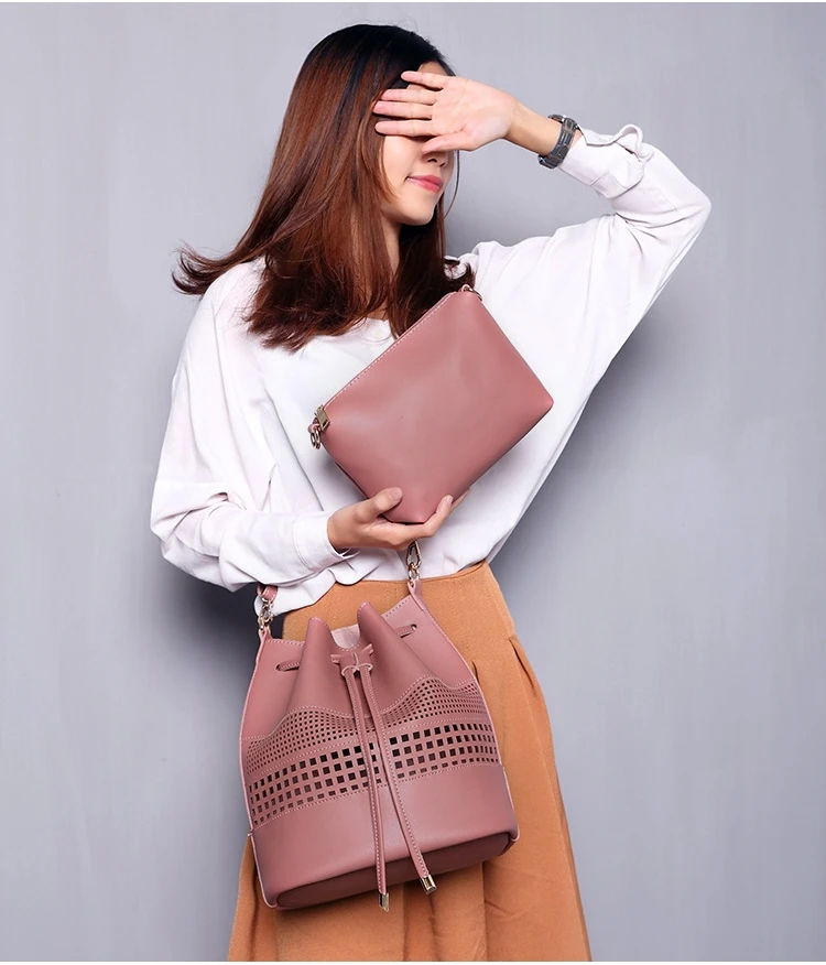 Crossbody Women Bucket Bag Drawstring Leather Handbags Hollow Out