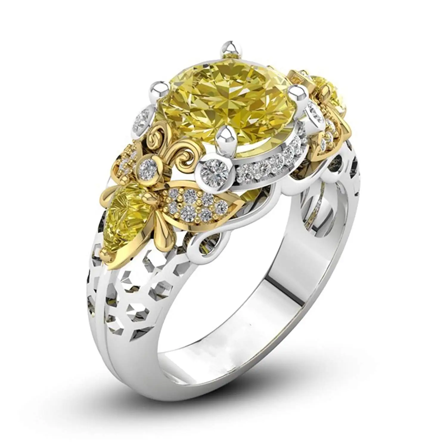 Dwcly Gold Tone Queen Bee Honeybee Ring Clear Cubic Zircon Bumble Bee Stacking Band Ring Adjustable Size