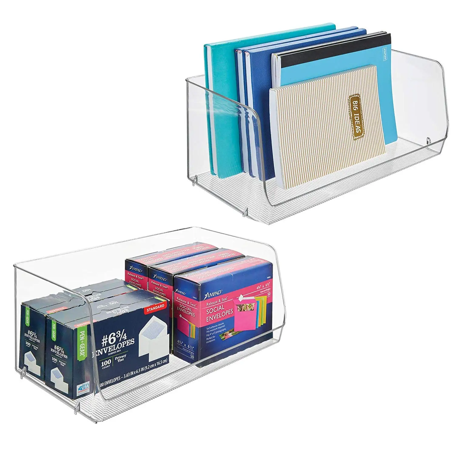 mDesign Stackable Plastic Storage Organizer Bin Basket for Desk, Book Shelf, Filing Cabinet - Container for Office Supplies, Sticky Notes, Pens, Pencils, 15" Wide, 2 Pack, Clear