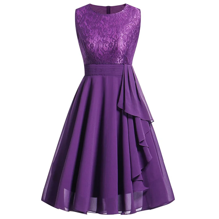 Elegant Purple Summer Lace Stitching Chiffon Women Fashion Party Dress ...