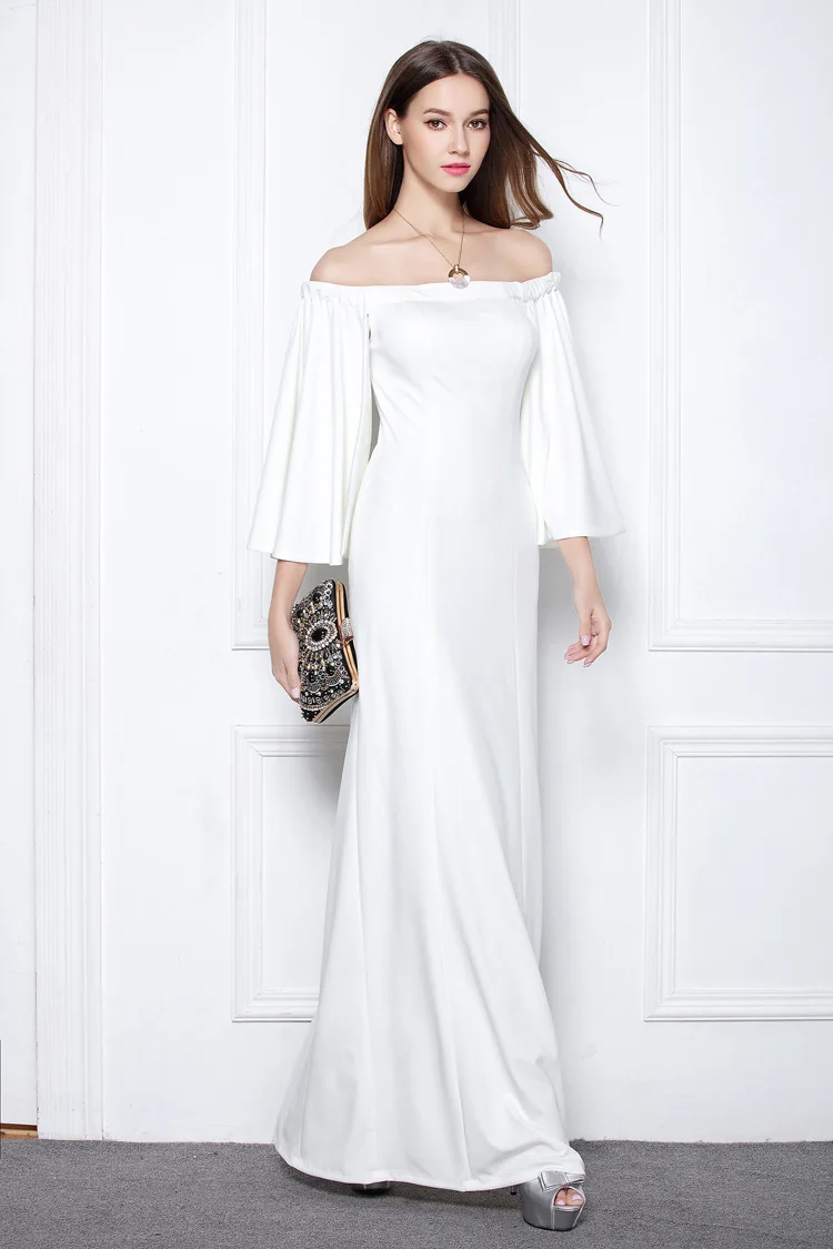 新时尚船脖子耀斑袖分裂白色晚礼服为宴会/年会
