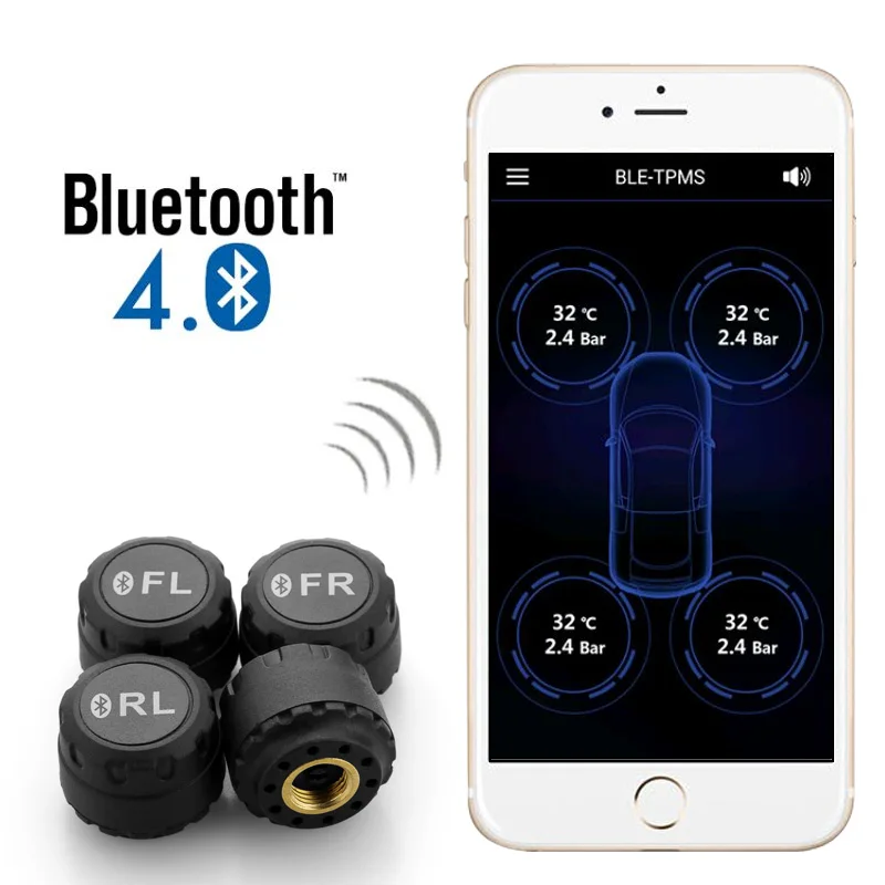 Smart Car TPMS Bluetooth 4.0 Tyre Tire Pressure Monitoring System APP Display 4 Internal/External Sensors Support Android IOS