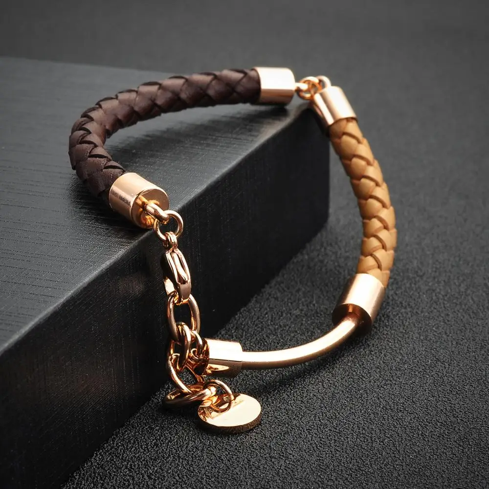 Wholesale Products New Design Two Type Braided Leather Stainless Steel Bangle Womens Bracelet Sale