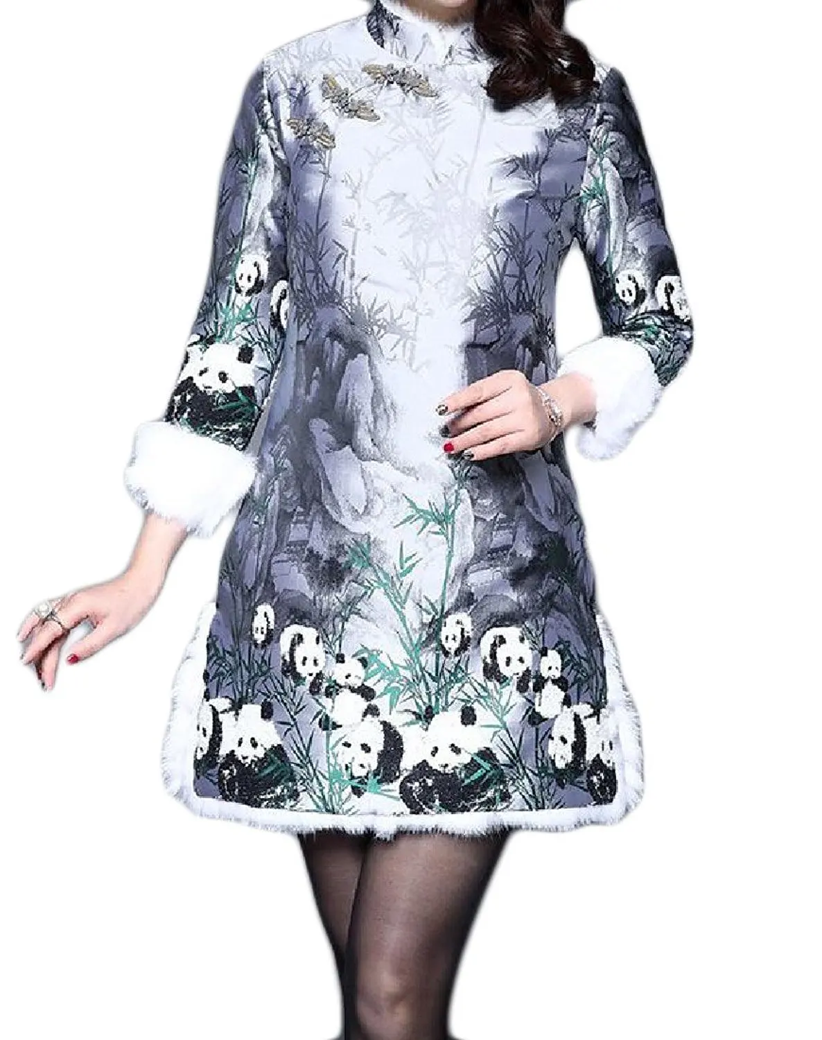 Sheng Xi Womens Warm Bear Printed Thicken Retro Chinese Qipao Dress